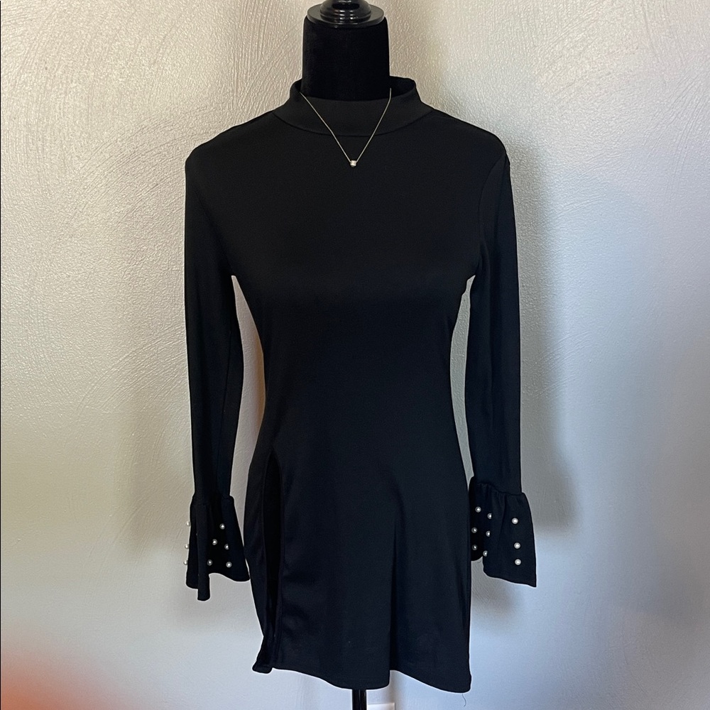Black Long Sleeve Mini Dress with Pearl Cuff Detail Size M